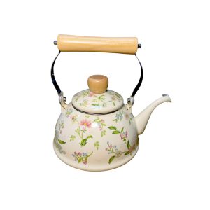 Tetera enlozada baja flores 1.5l m/ madera