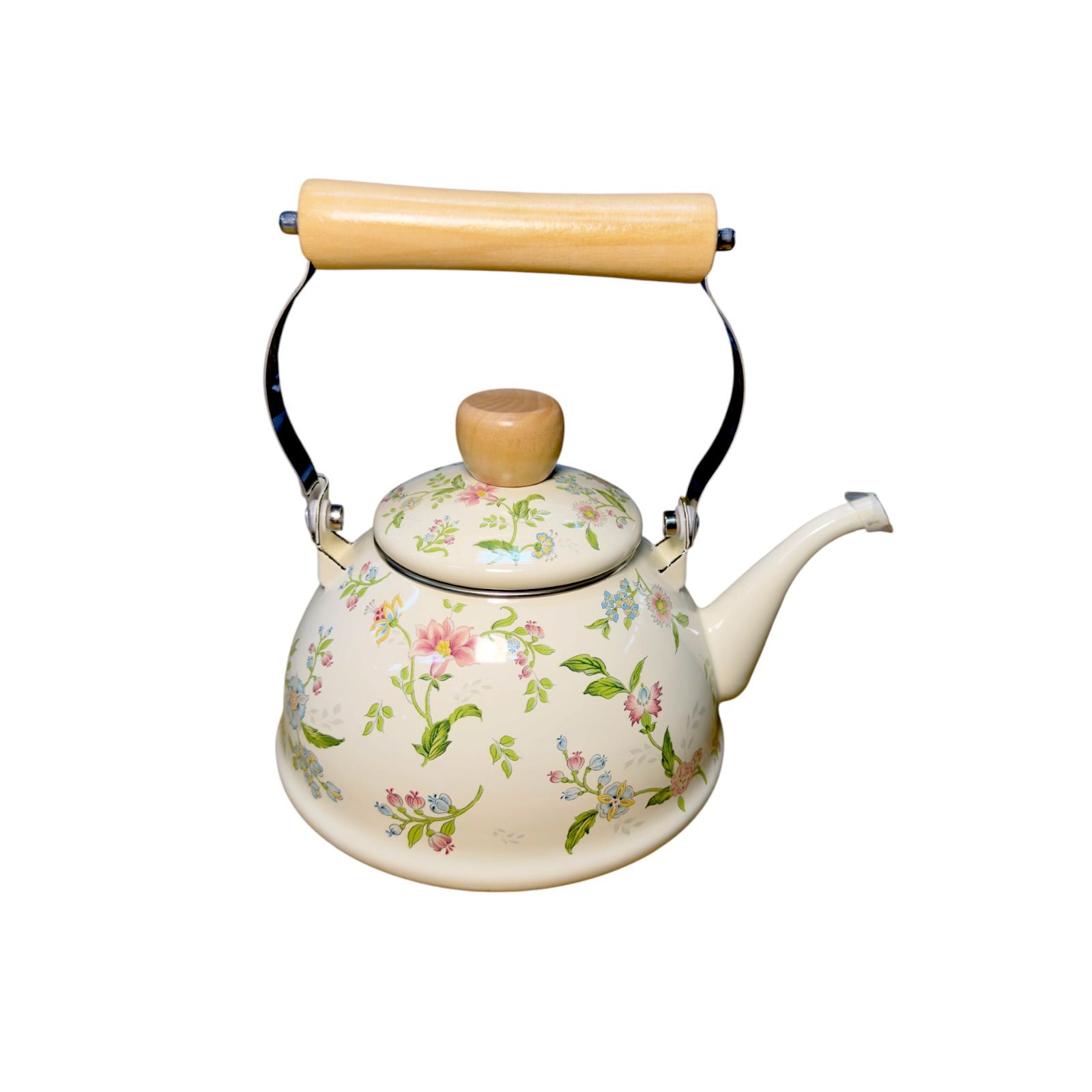 Tetera enlozada baja flores 1.5l m/ madera