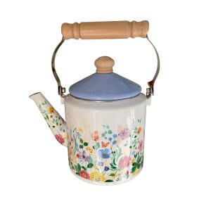 Tetera enlozada tapa celeste 2L m/madera